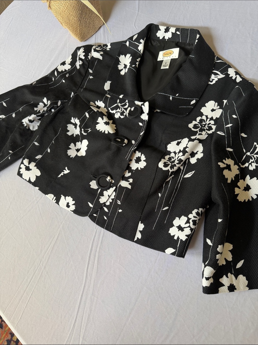 Talbots Black and White Floral Cropped Blazer Jacket